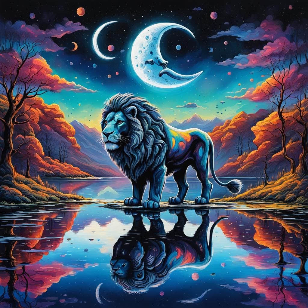 Crescent Moon Lion Reflected: Graffiti Art Style