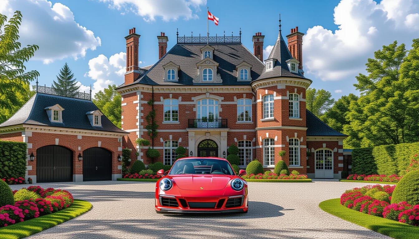 Victorian Chateau with Red Porsche 911