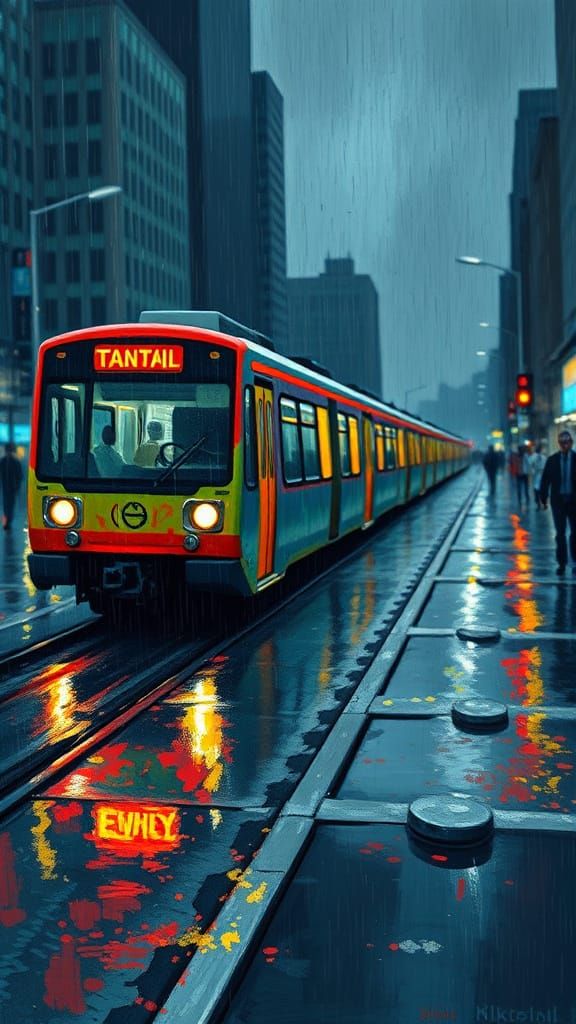 Original abstract train painting "Red Train After The Rain" ...