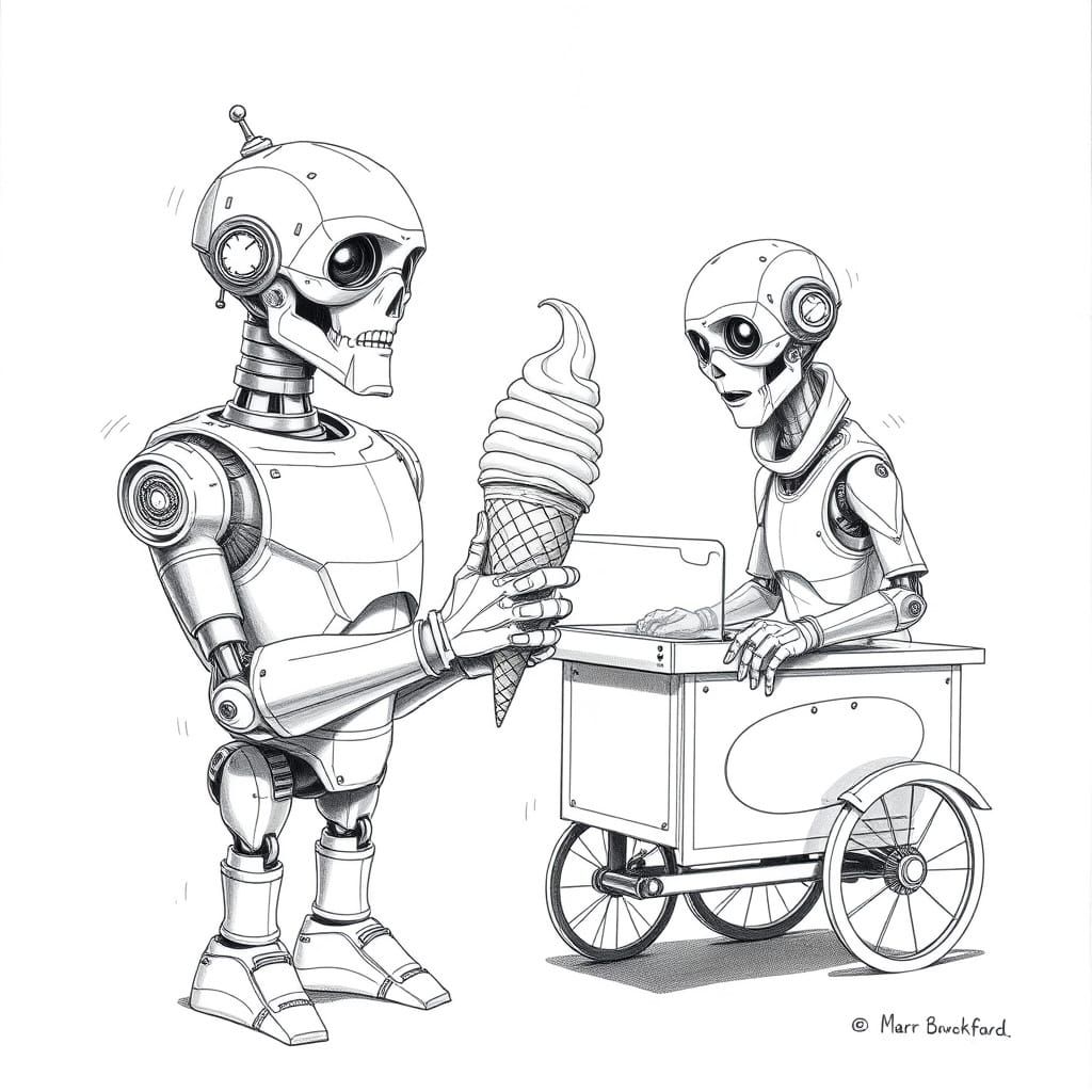 Robots Receive Ice Cream: Schematic Pencil Art