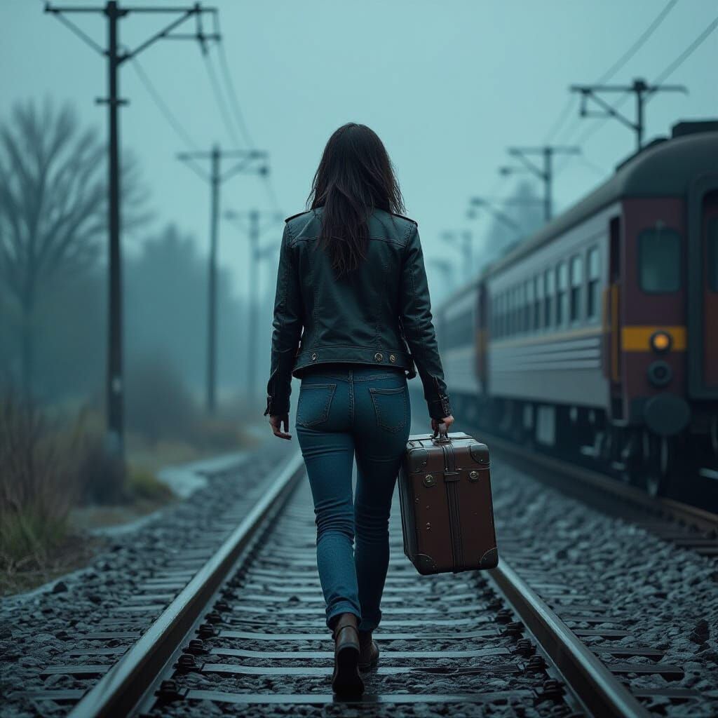 Woman Walks Rainy Train Track in Cinematic Style
