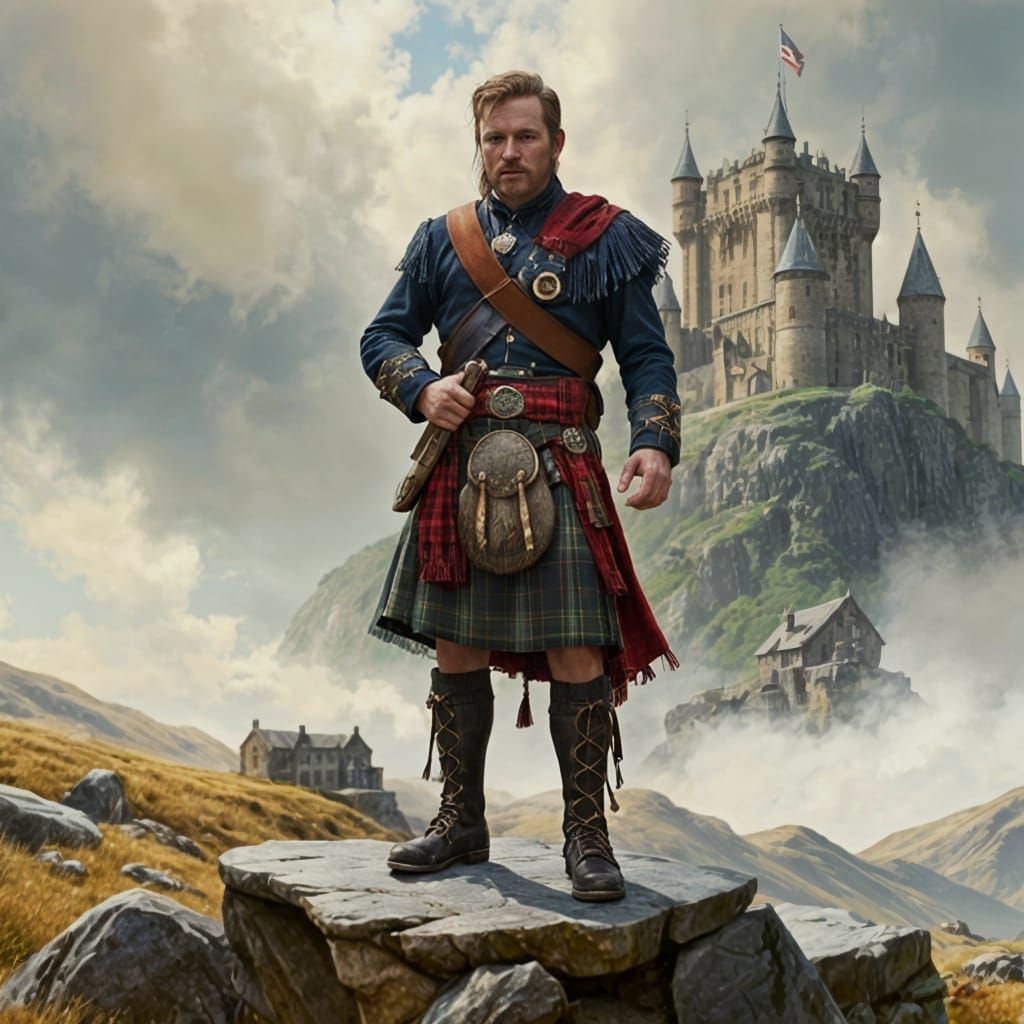 Scottish Laird in Tartan Kilt Addressing Clan