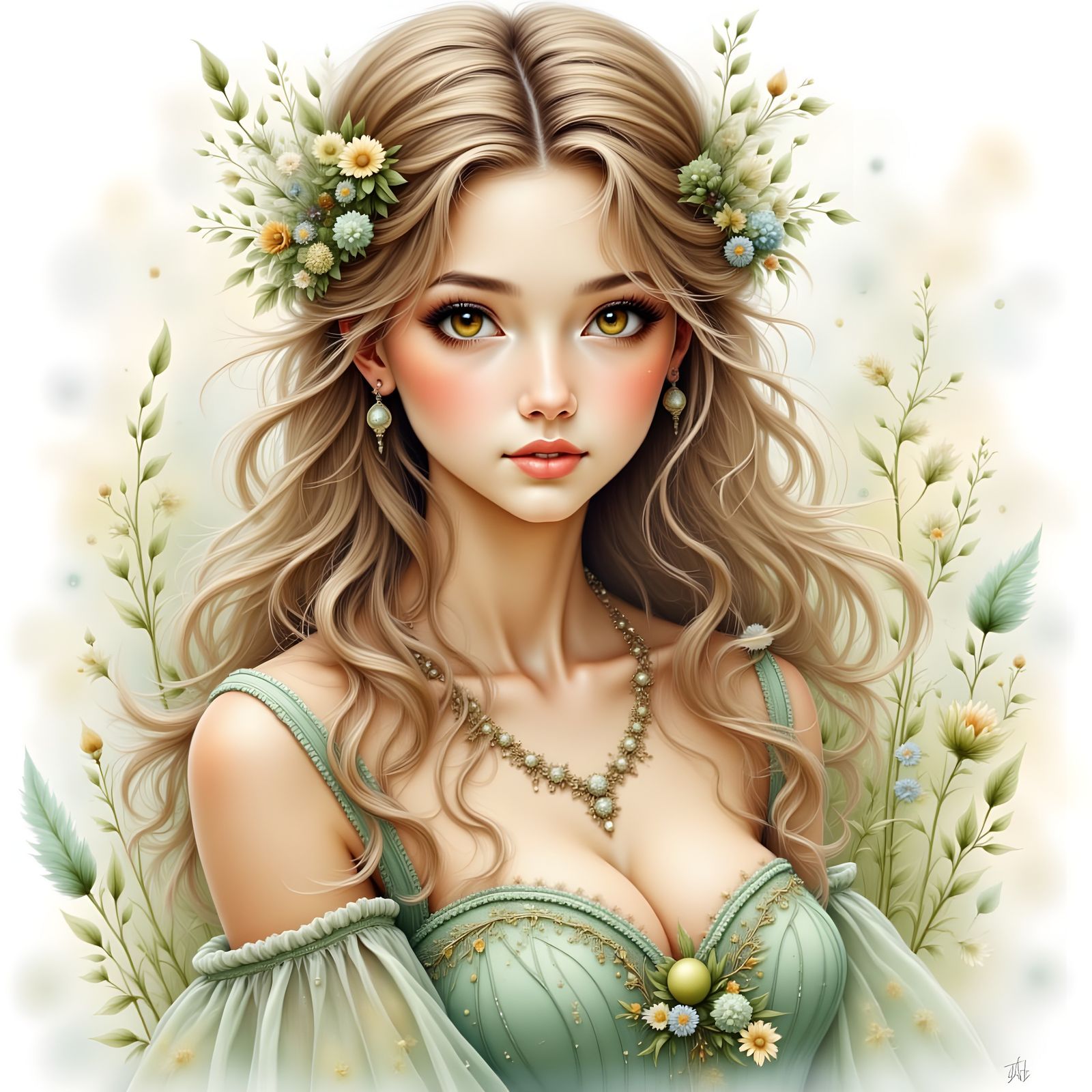 Dreamy Norse Goddess Portrait in Watercolor Style