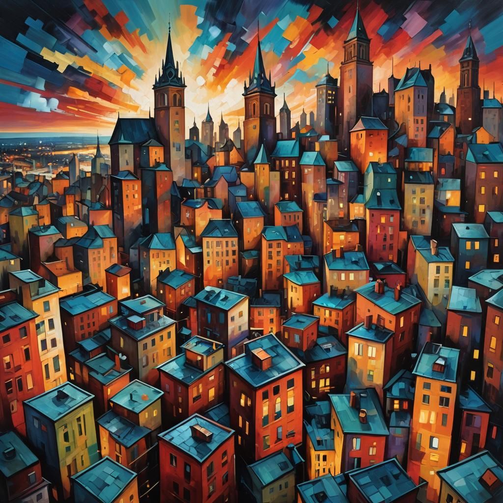 Cubist Cityscape with Fragmented Forms and Vibrant Colors