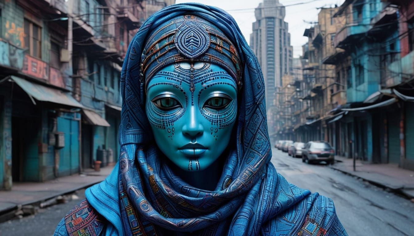 Otherworldly Figure in Dystopian Metropolis