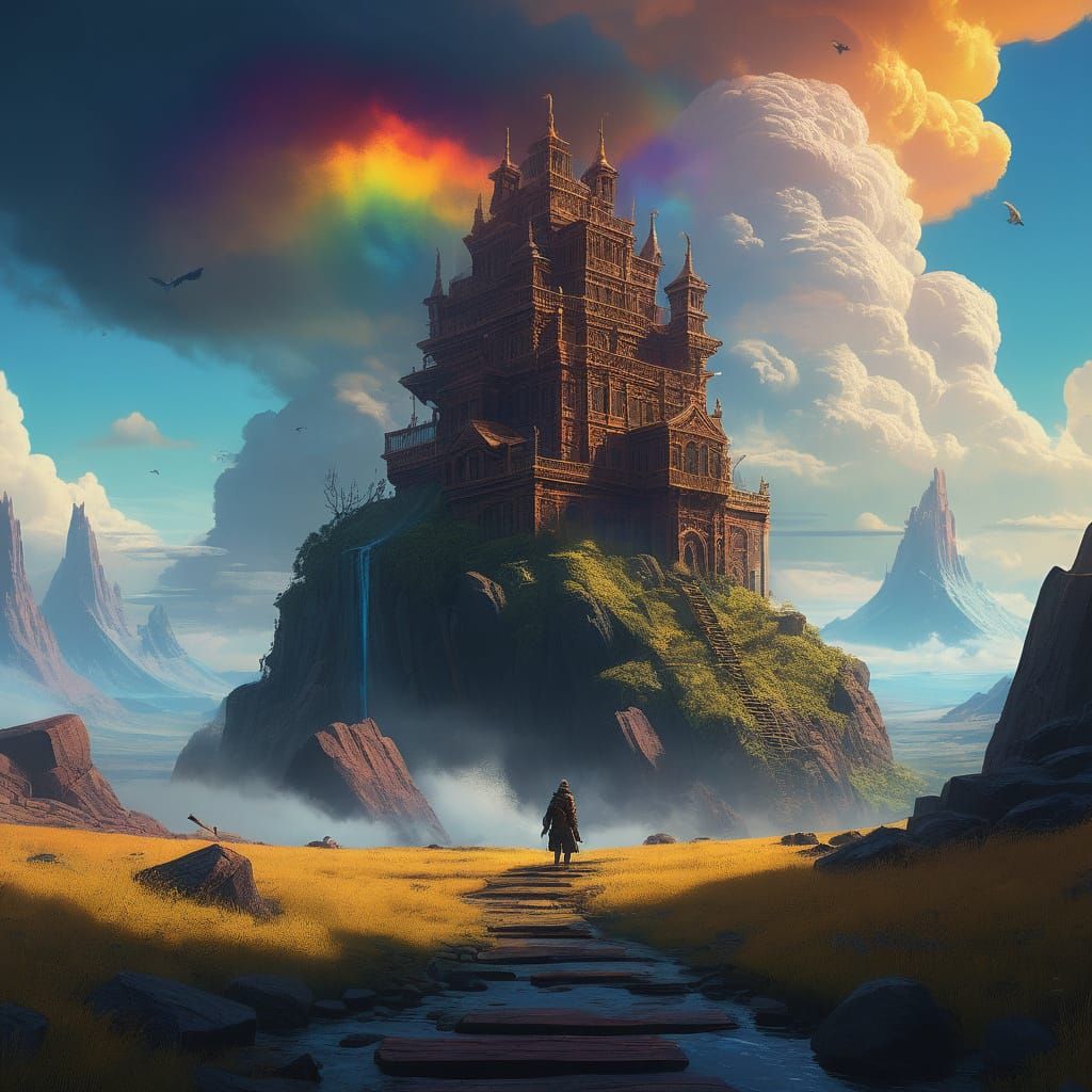 Whimsical Cats Conquer a Library Mountain in Vibrant, Textur...