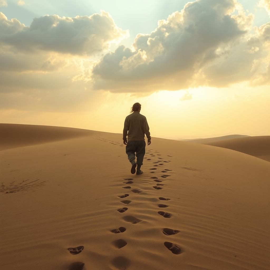 Lone Figure Walks Into Golden Light Landscape
