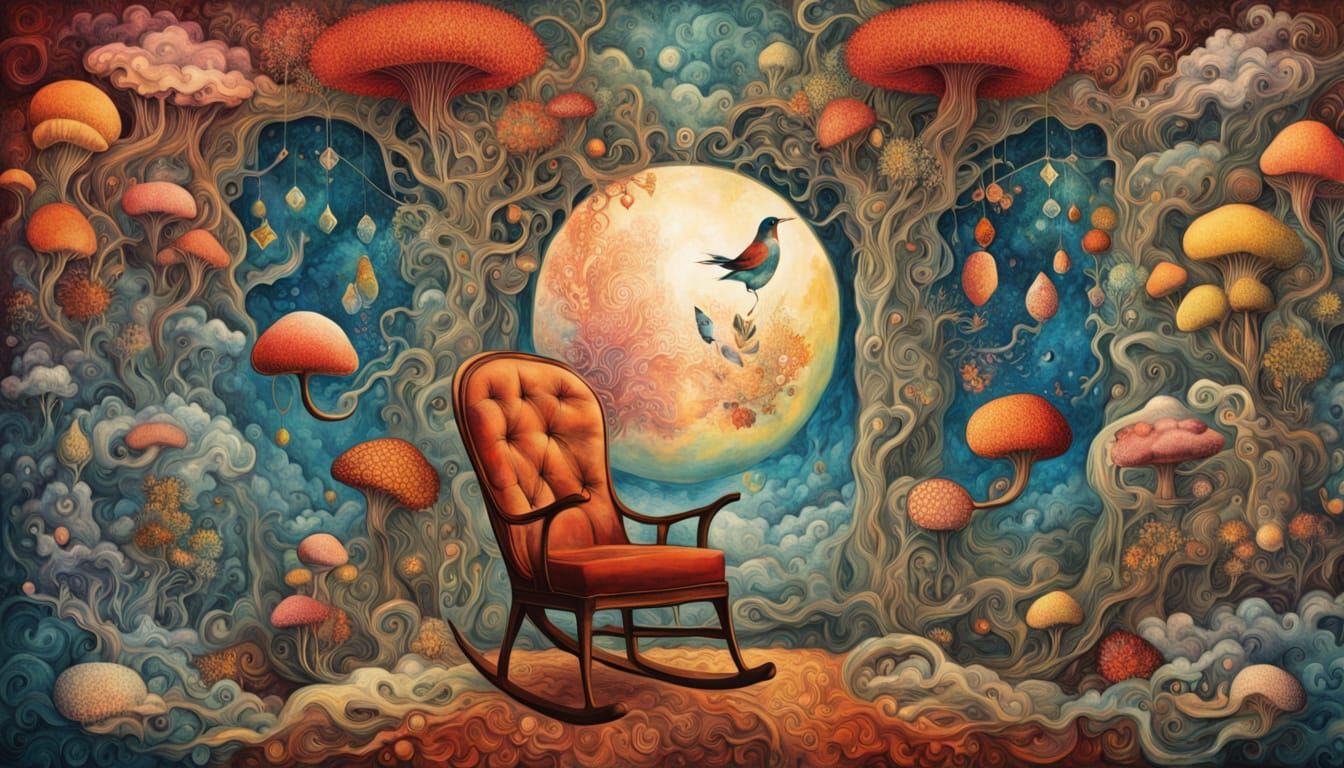 Dreamlike Mindscape: Intertwined Rocking Chairs with Fantasy...