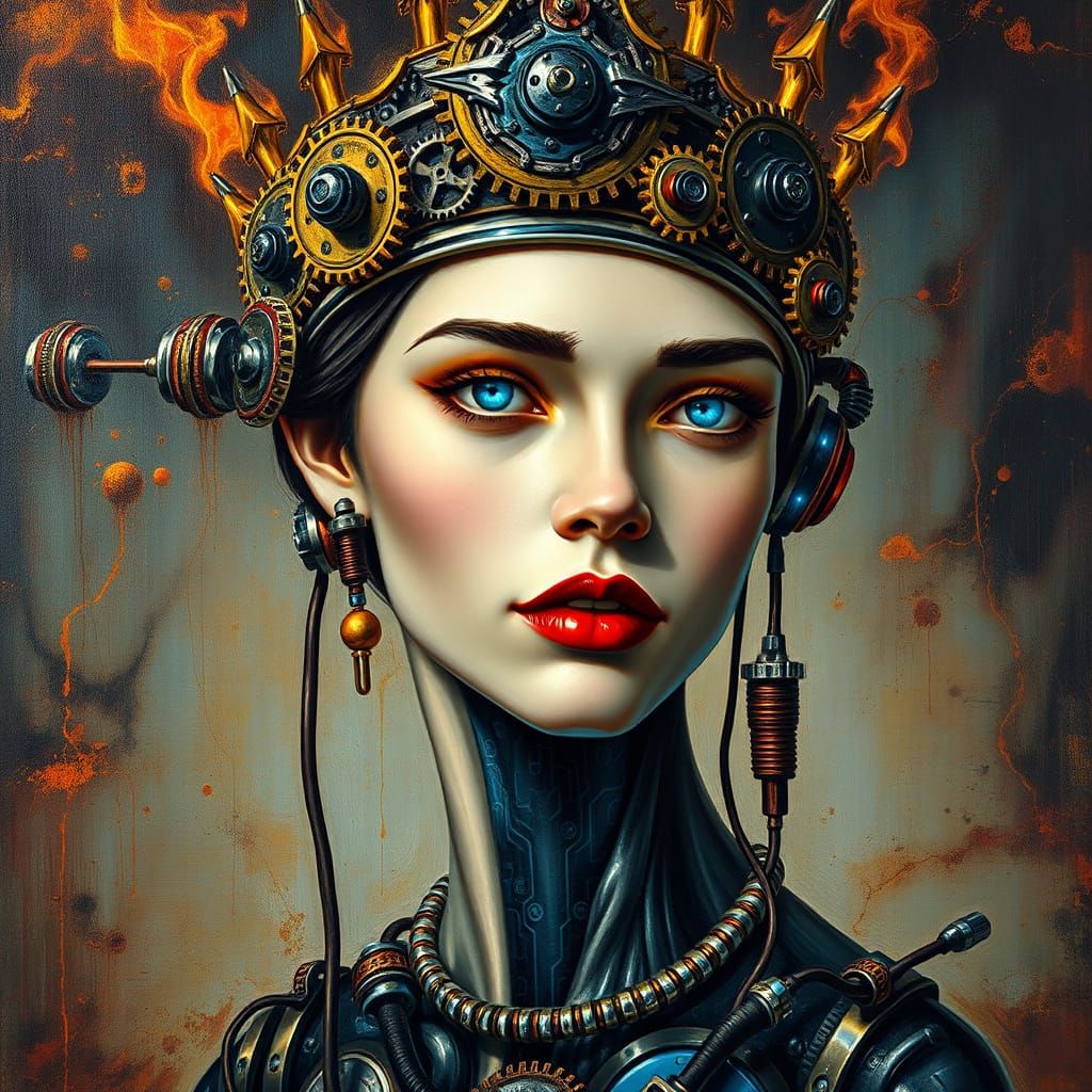Cyborg Princess Portrait in Oil and Holographic Style