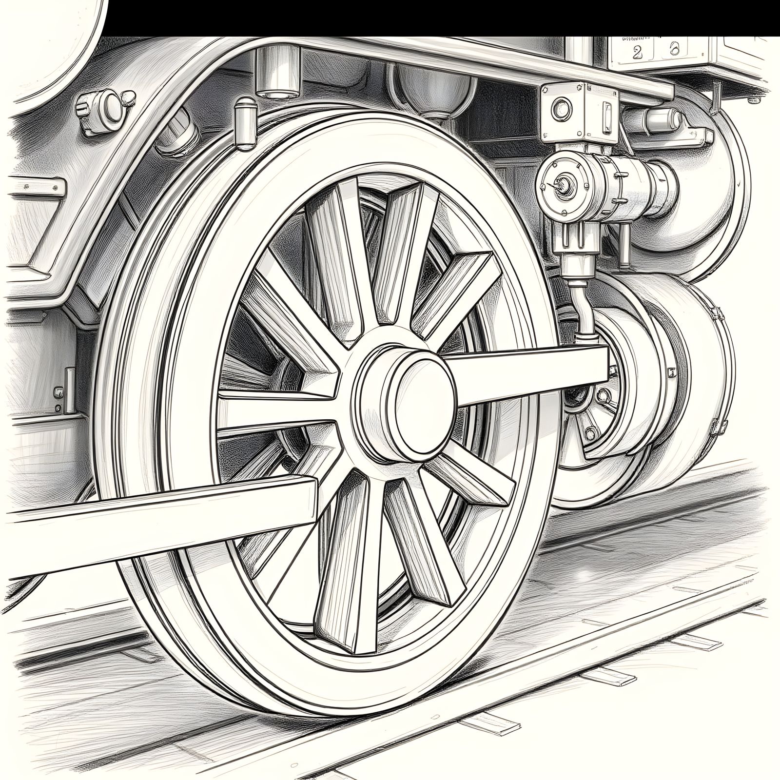 Vintage Steam Locomotive Wheels in Charcoal Pencil Art