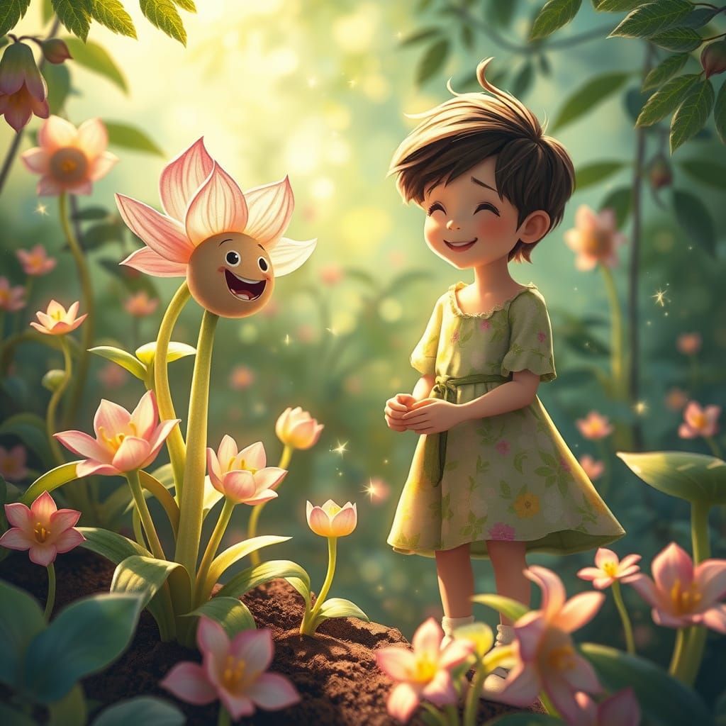 Whimsical Garden Scene in Enchanted Botanical Style