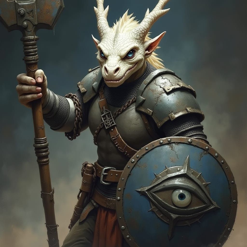 Dragonborn Warrior with Flail and Shield in Dark Fantasy Sty...