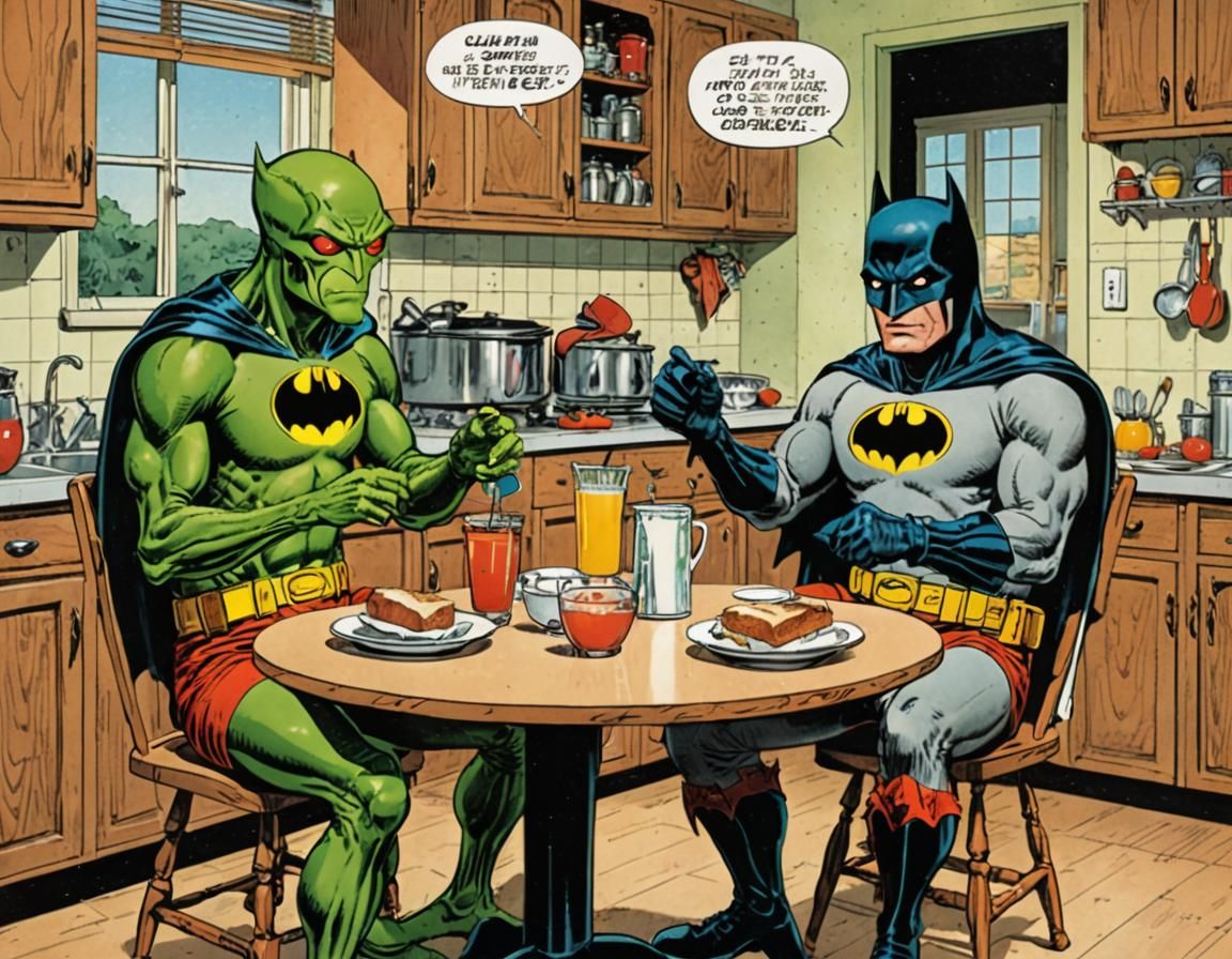 A bulbous-headed green alien wearing a Batman t-shirt and a. Pair of red shorts, sitting in a wooden chair in a human ki...
