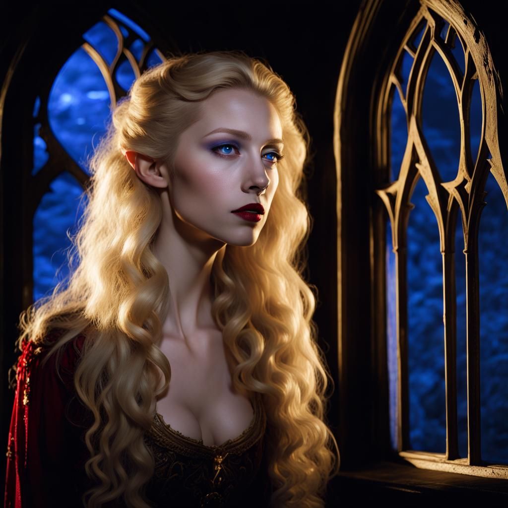 Moonlit Woman in Castle Window