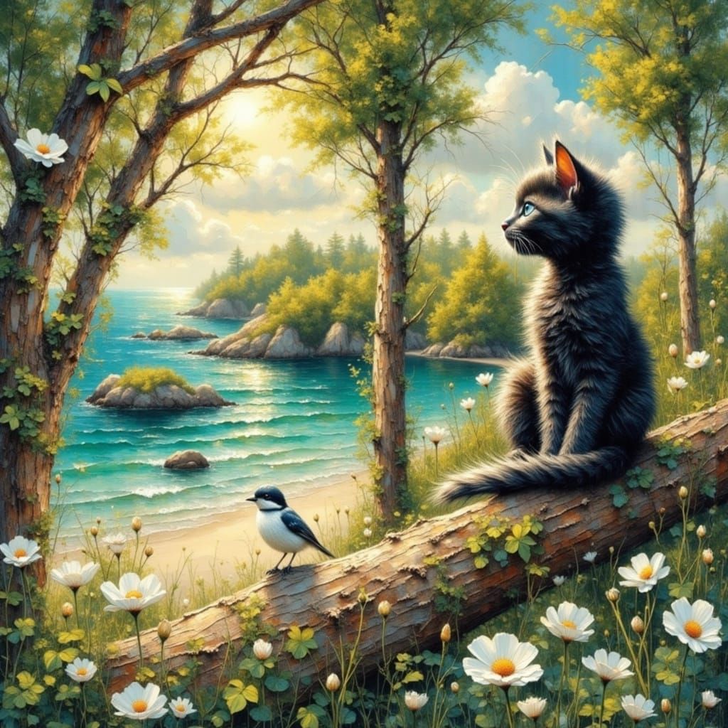 Cute Kitten and Songbird in Cosmic Forest