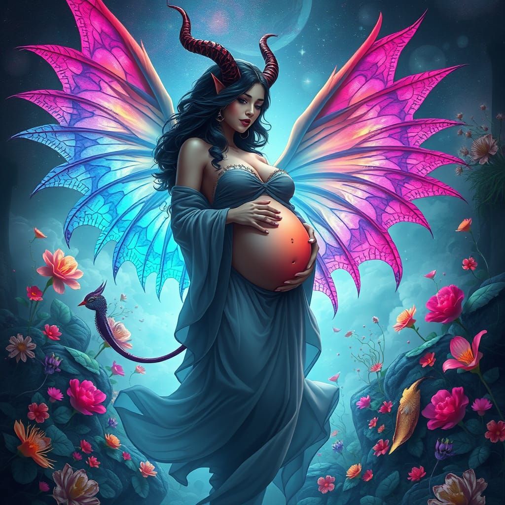 Surreal Angel-Devil Hybrid Goddess in Vibrant Cosmic Landsca...