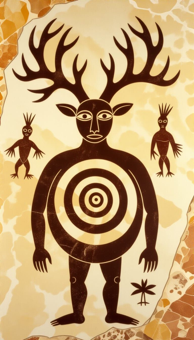 Prehistoric Cave Art: Anthropomorphic Figure with Spiral Tor...