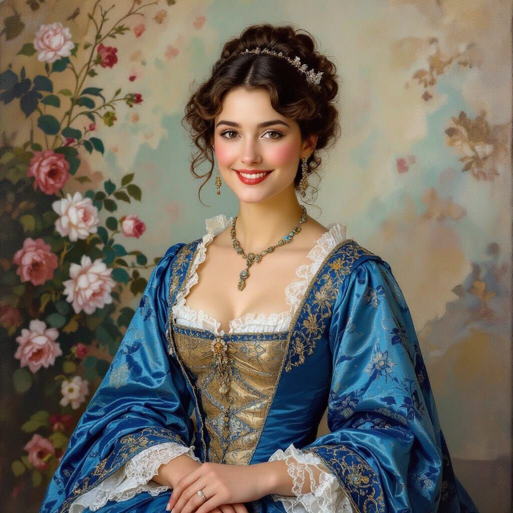 Elegant Woman in Pale Blue Gown, Renaissance Style