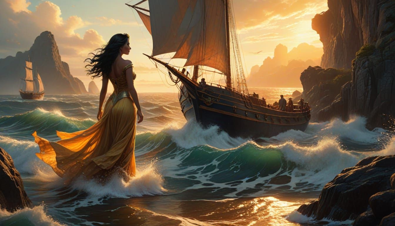 Romantic Golden Light on Fantasy Siren of the Sea
