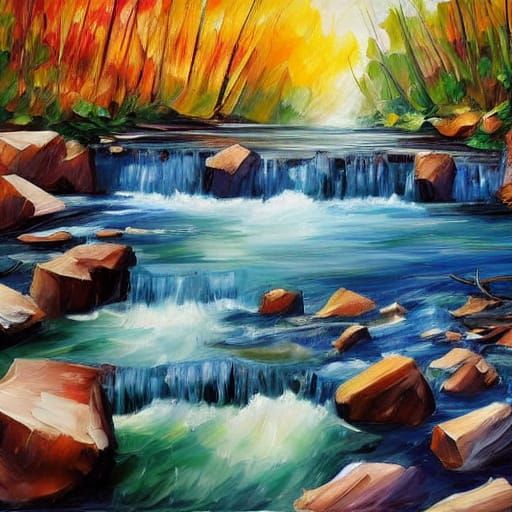 Expressive Sapphire Waterfall in Vibrant Oil Paint