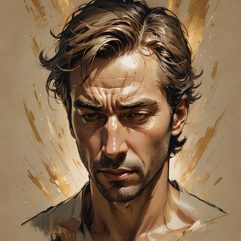 Contemplative Man's Face Expressing Fear and Excitement