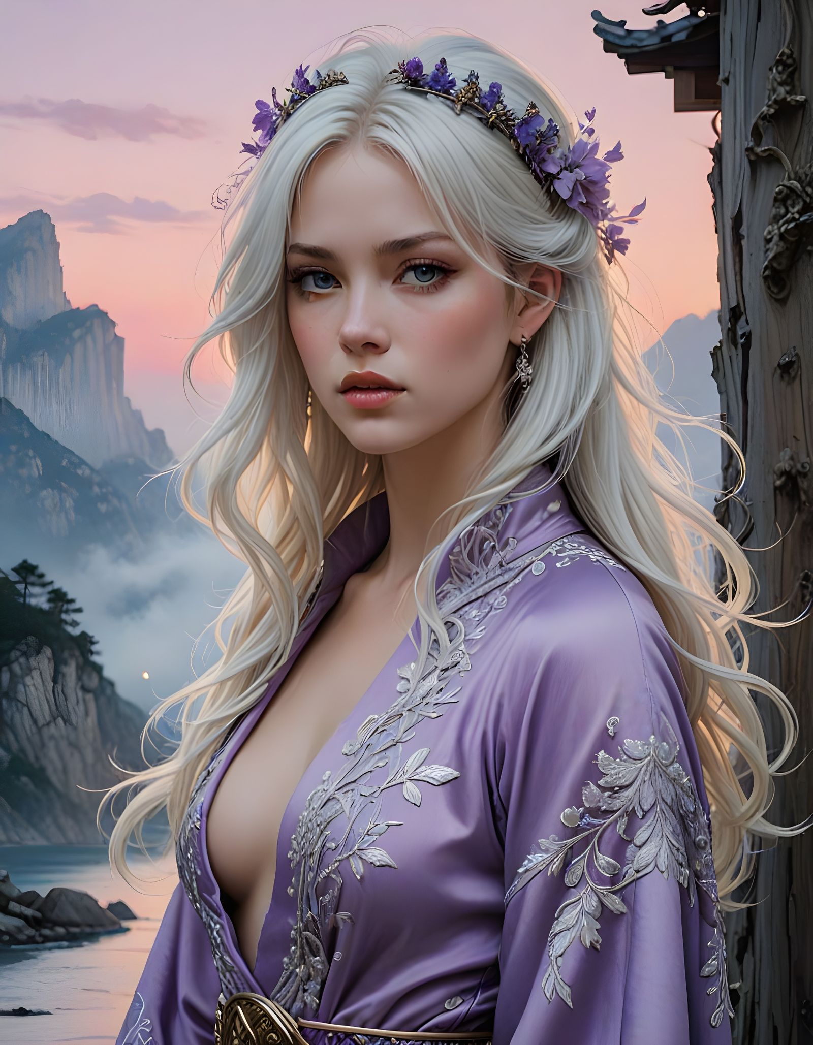 Norse Goddess in Violet Robe, Softly Lit in a Smoky Mist