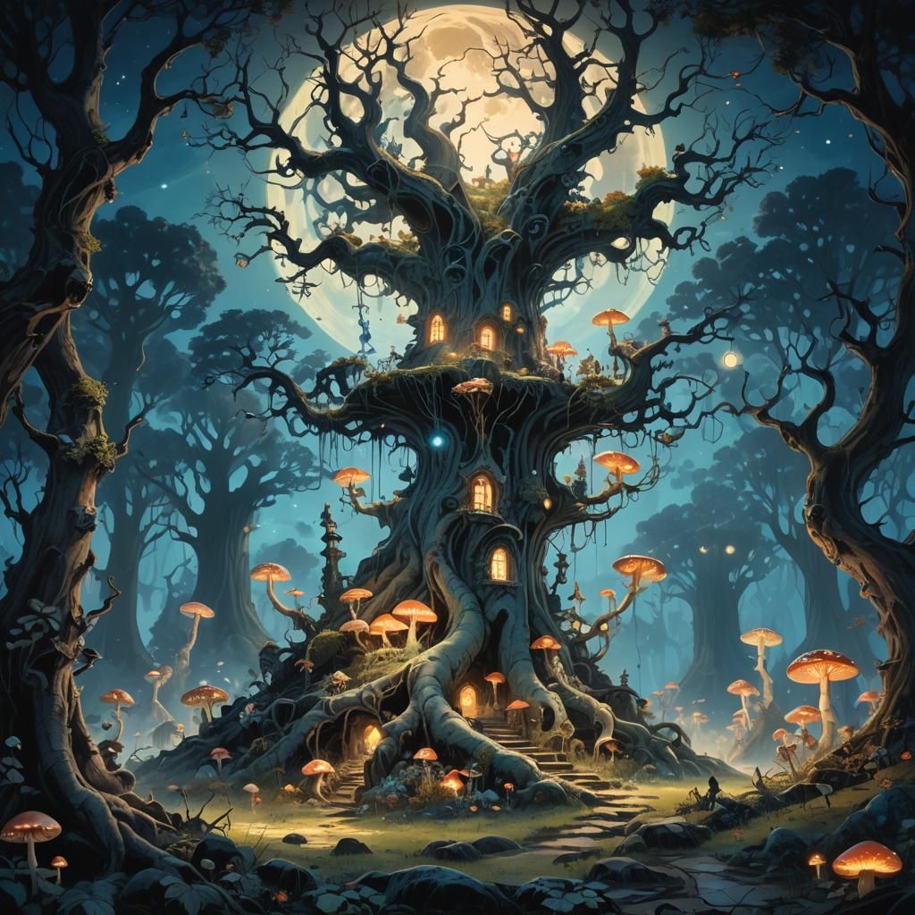 Fantasy fairy kingdom under a massive full moon