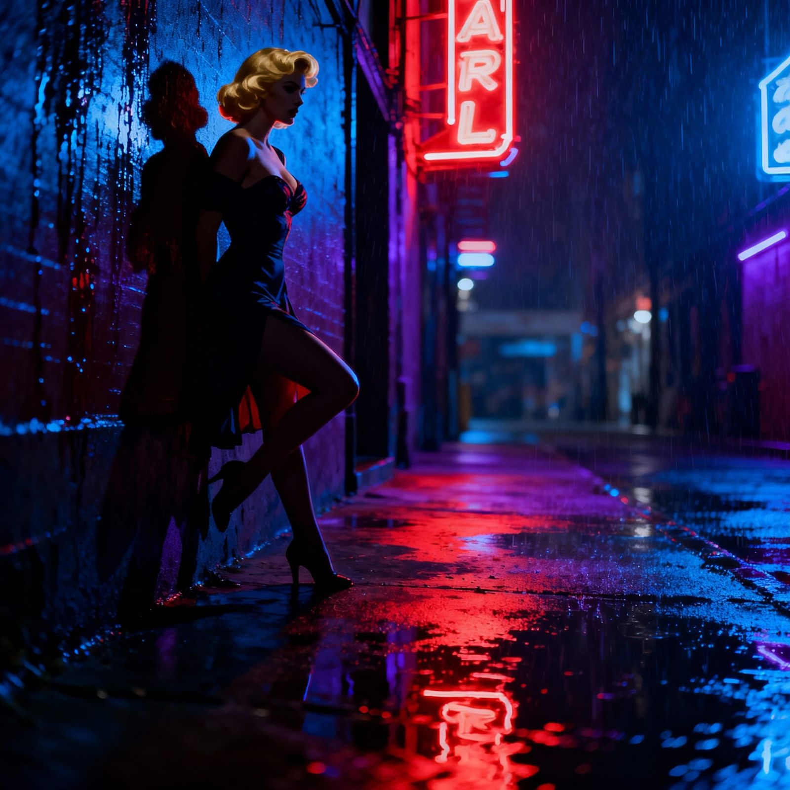 Mysterious Blonde Pin-Up in Shadowy Noir Alley