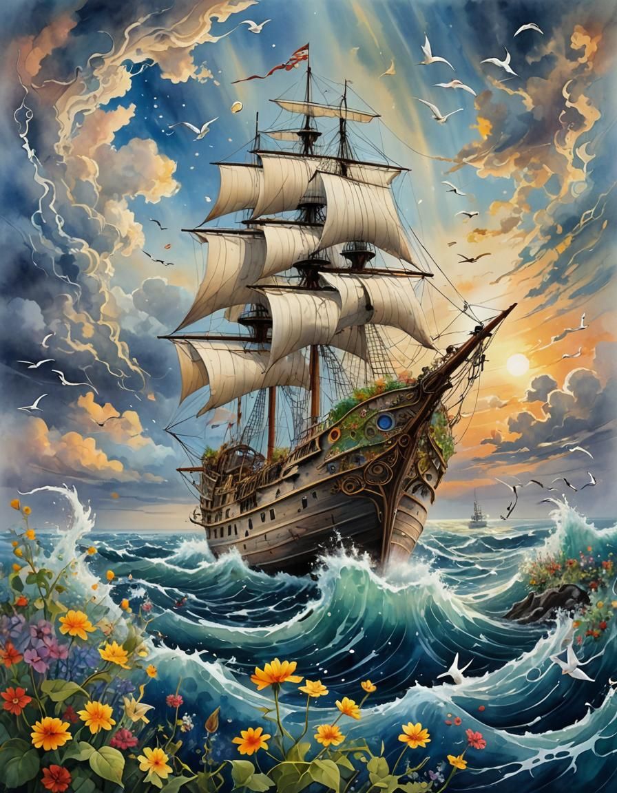 Biopunk Sail Ship at Sunrise: Fantasy Art