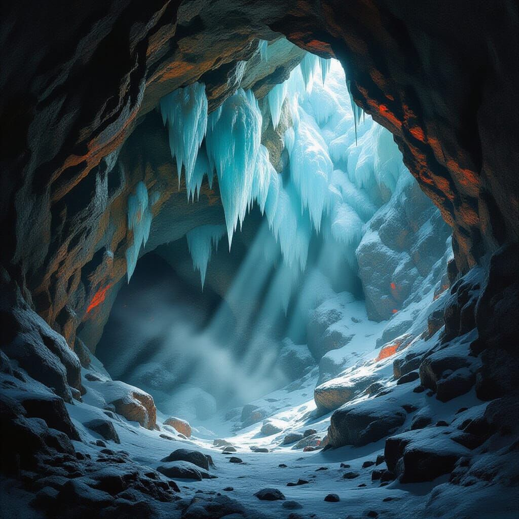 Mystical Cave Interior with Red Stones and Dancing Shadows