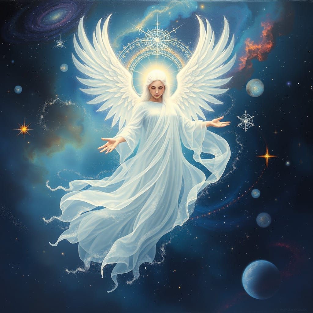 Ethereal Being in White Cosmic Wind Amidst Nebula