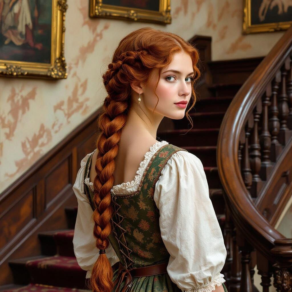 Medieval Redhead by Staircase in Alma-Tadema Style