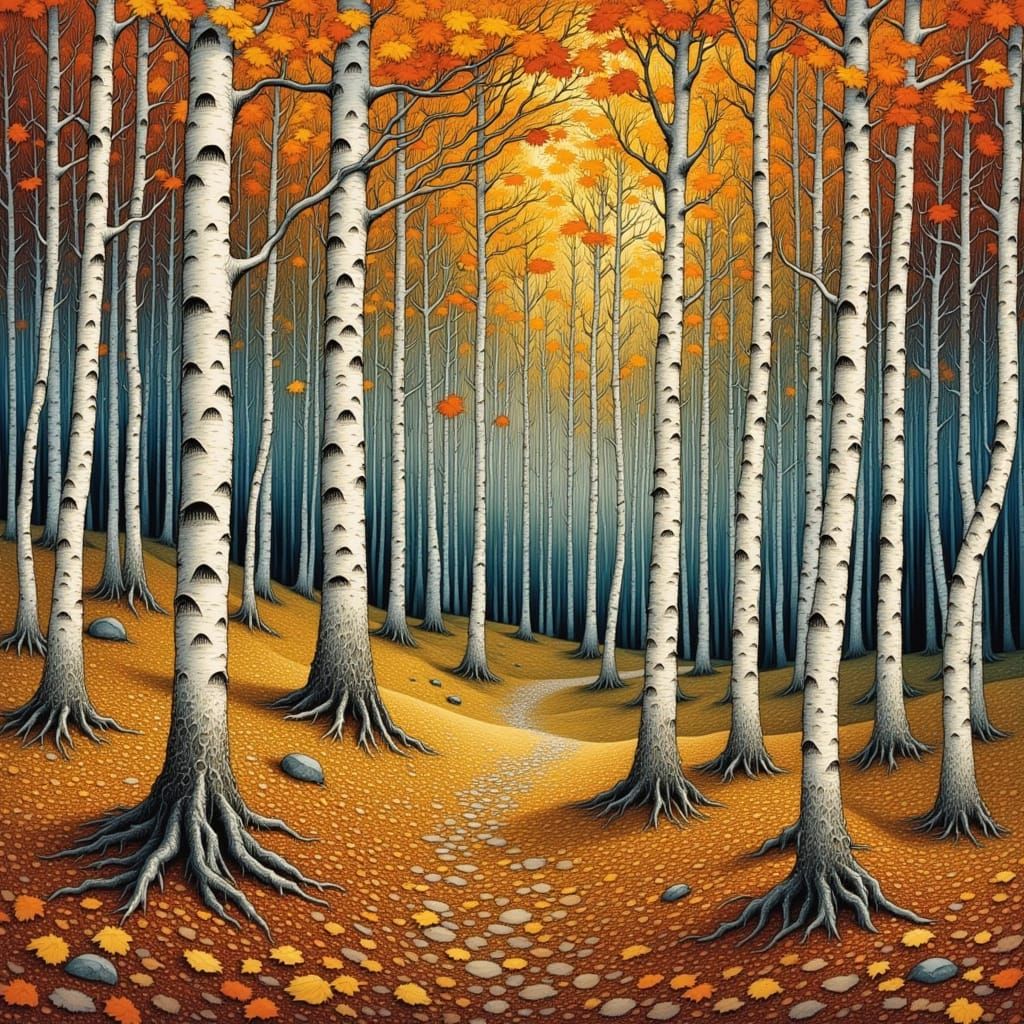 Autumnal Birches: Intricate Abstract Expressionist Landscape