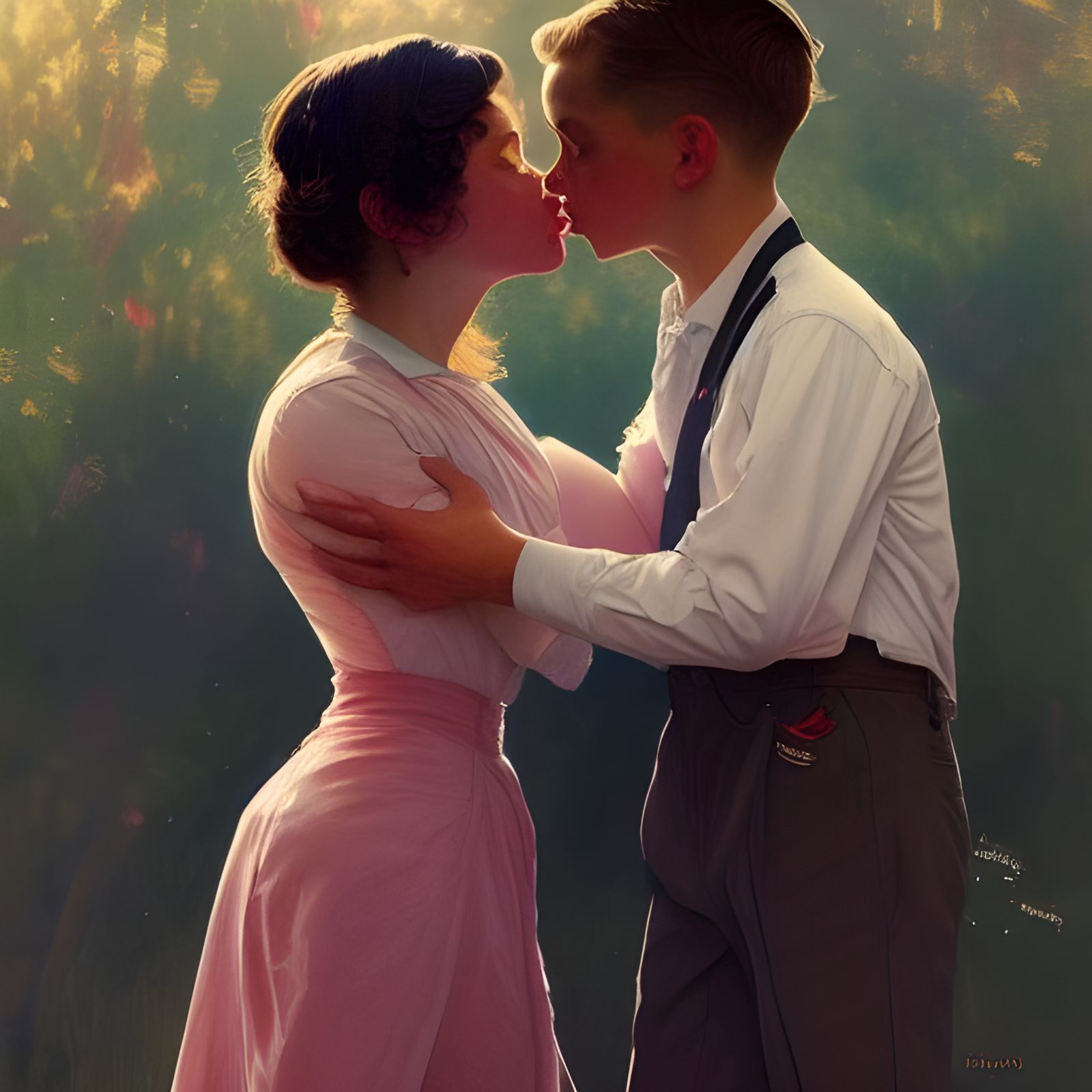 Romantic Kiss in Rockwell-Inspired Portrait