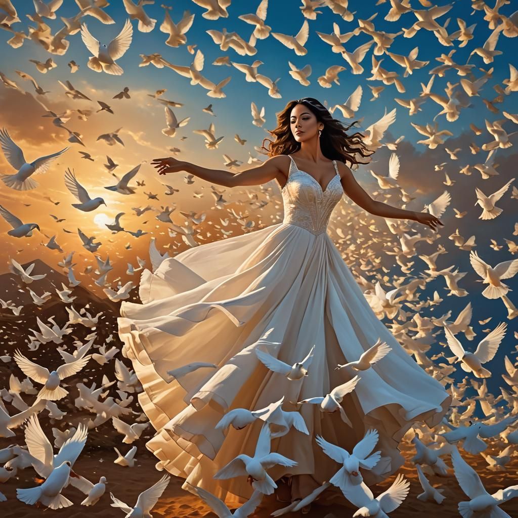 Woman's Dove Dress: Ethereal Surrealism in Soft Light