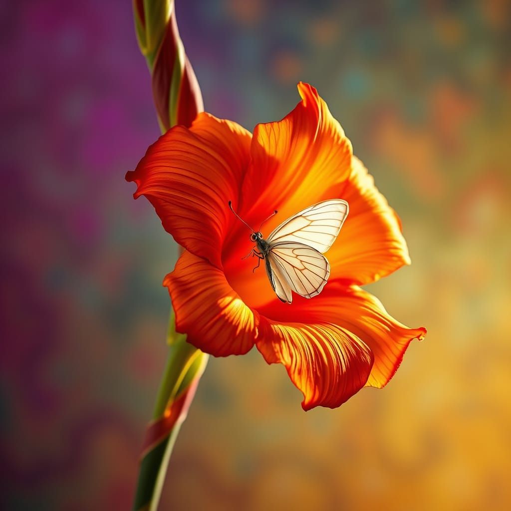 Orange Gladiolus Flower with Butterfly in Dramatic Light