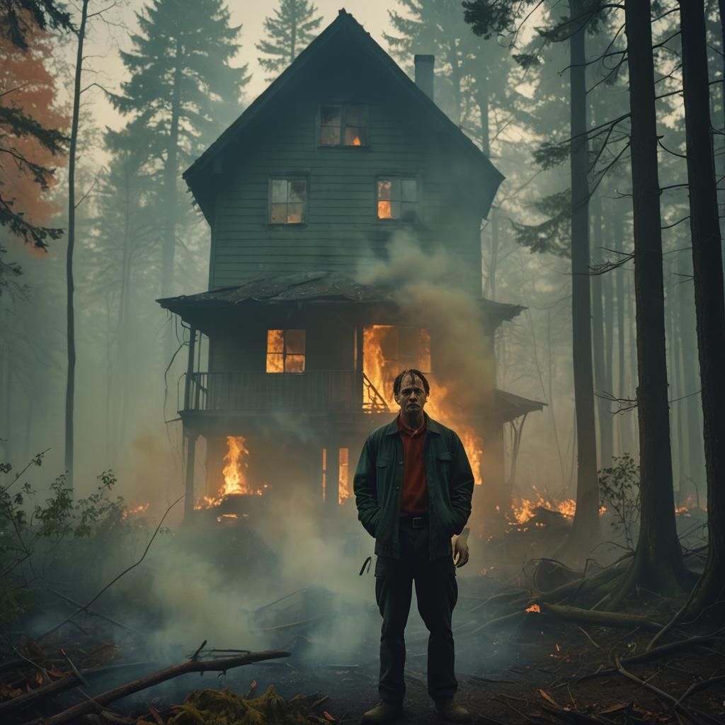 Serial Killer Amidst Burning Inferno in Dark Forest