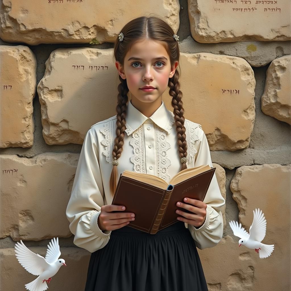 Serene Girl with Book at Western Wall