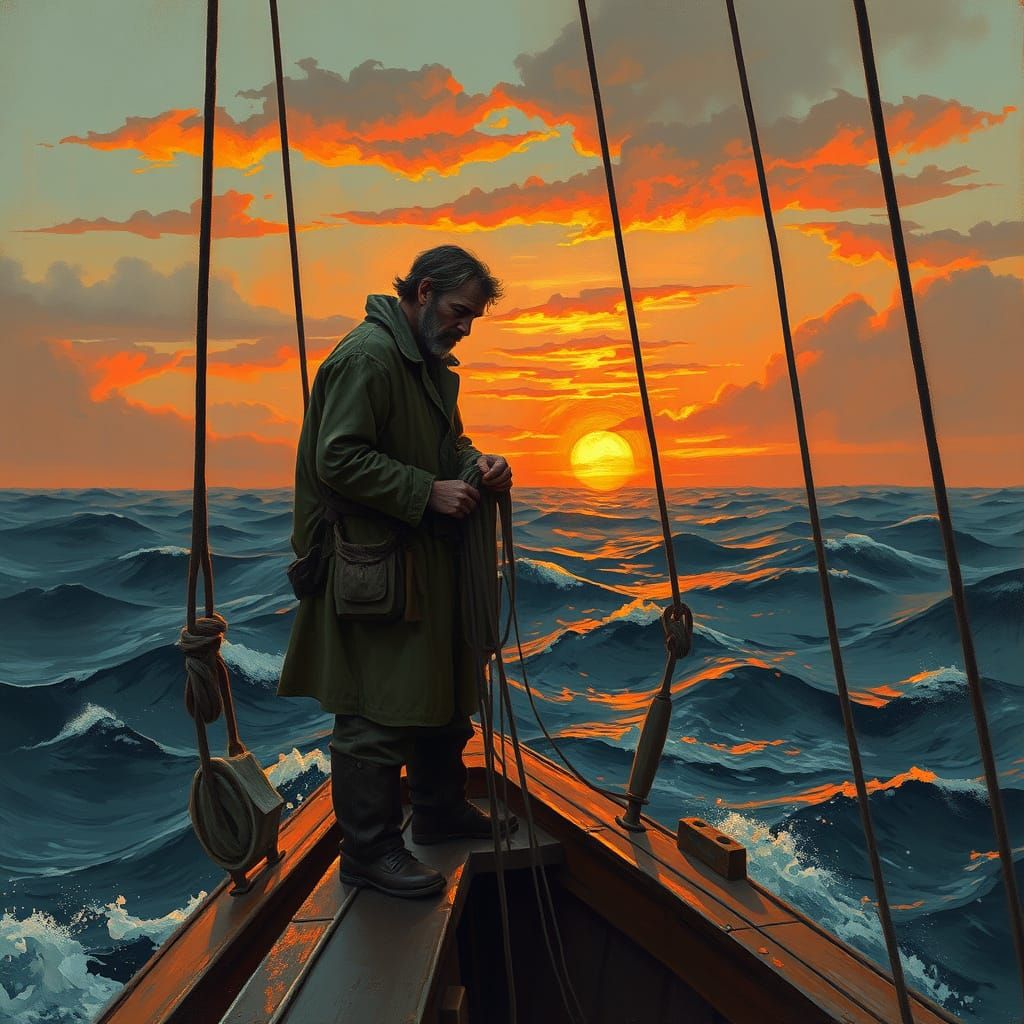 Sailor Mending Nets at Sunset: Painterly Seascape