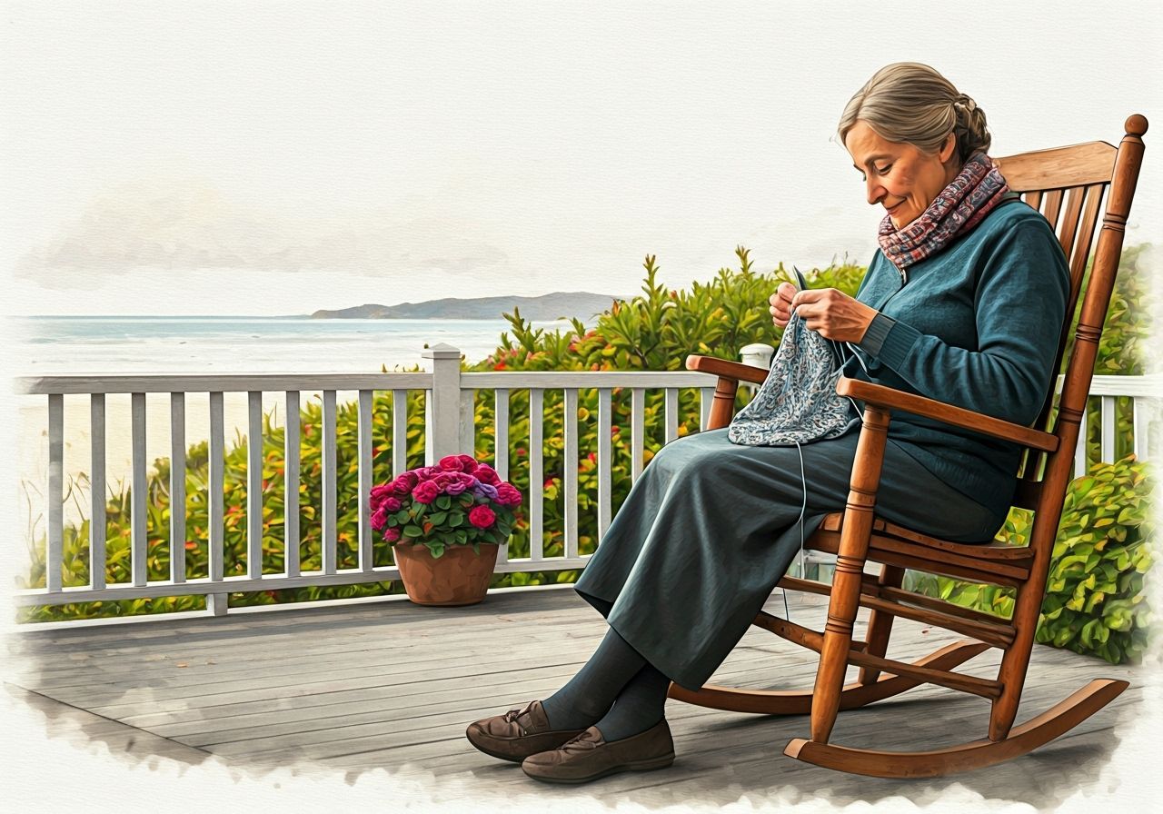 Charming Seaside Cottage: Woman Knitting, Mixed Media