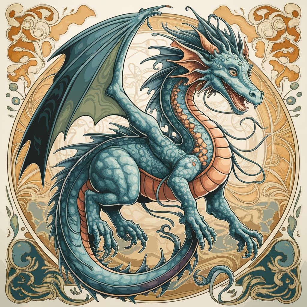 Art Nouveau Dragon Illustration in Alphonse Mucha Style