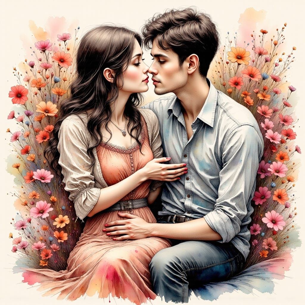 Tender Moment of First Love Unfolds in Whimsical Hyperreal S...