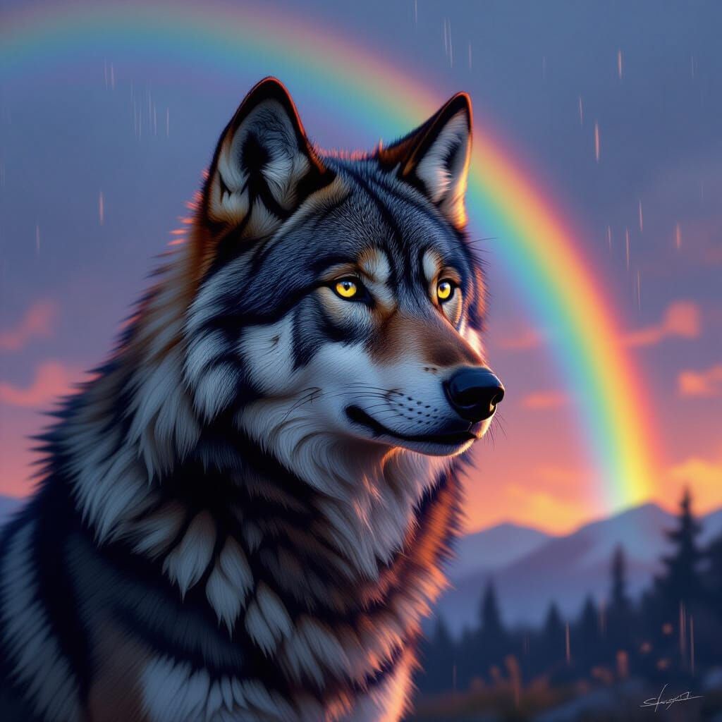 Stunning Rainbow Wolf Portrait in Digital Matte Painting Sty...