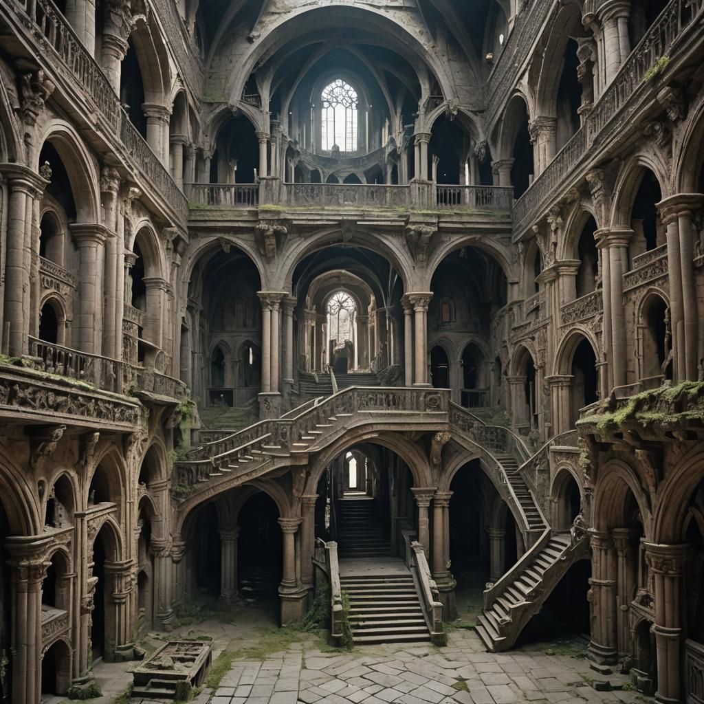 Surreal Castle Interior with Impossible Staircases