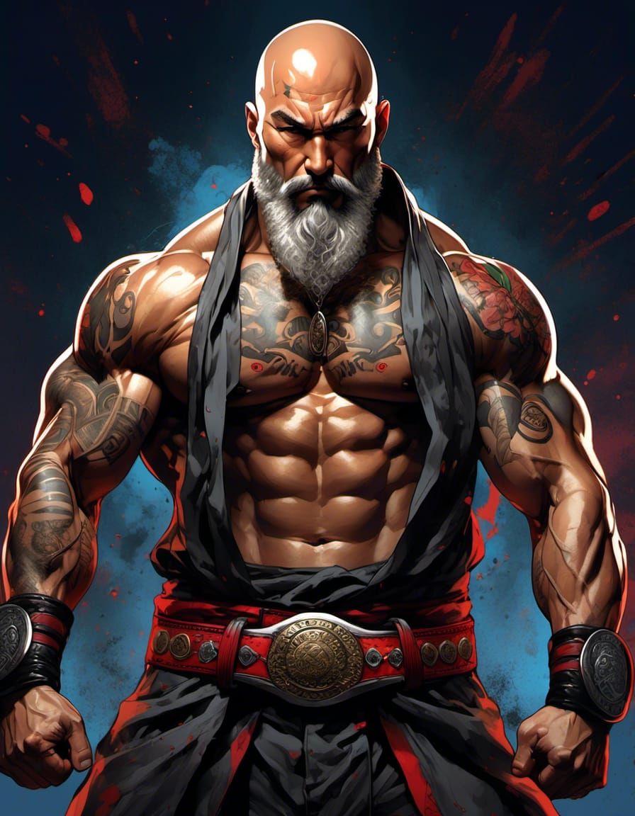 Muscular Anime Fighter with Championship Belt