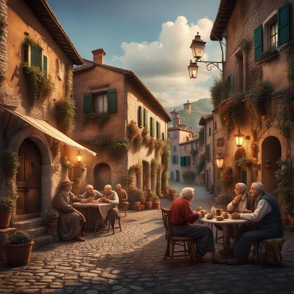 Charming Old Italian Village in Matte Painting Style