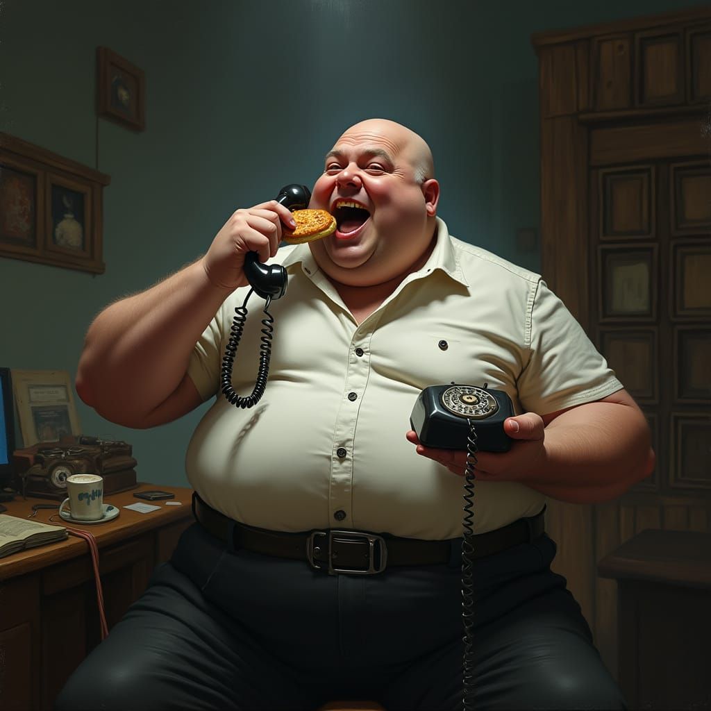 Bald Man Laughing While Eating and Talking on Rotary Phone