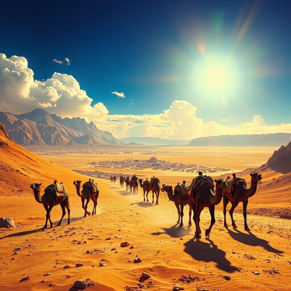 Camels Journeying Through Desert to Silk Road Cities