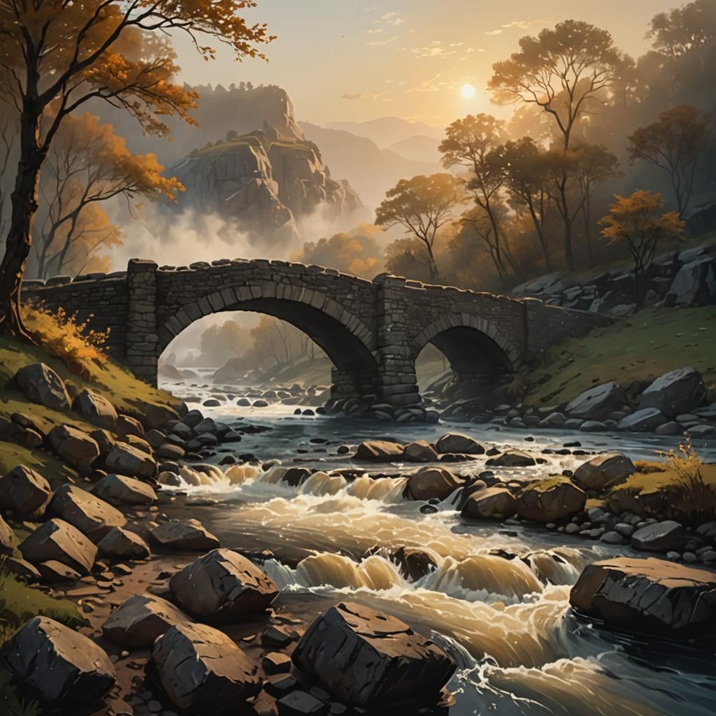 Ancient Stone Bridge Concept Art in Twilight Light