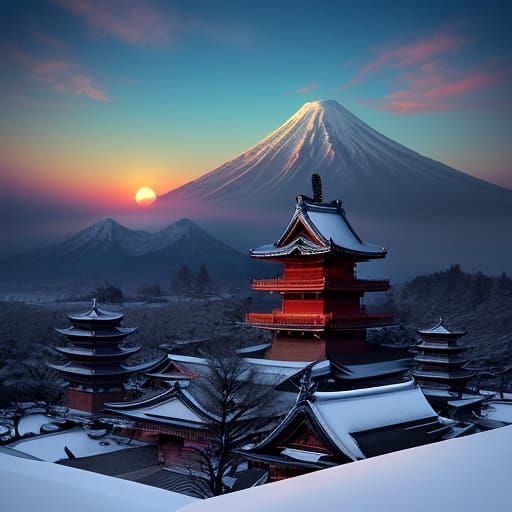 Surreal Japanese Temples with Red Sun and Snowy Mountains